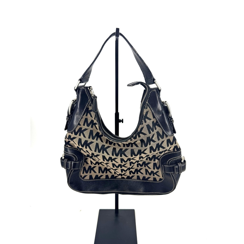 Michael Kors MK Monogram Logo Hobo Bag Black Leather Trim Canvas Shoulder Bag - Picture 2 of 3